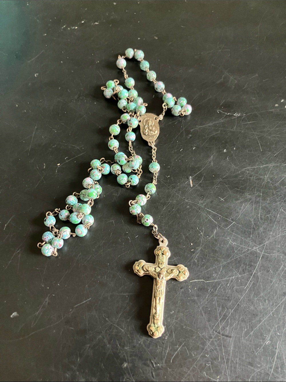 Vintage Style Rosary Necklace with Mint Green Beads